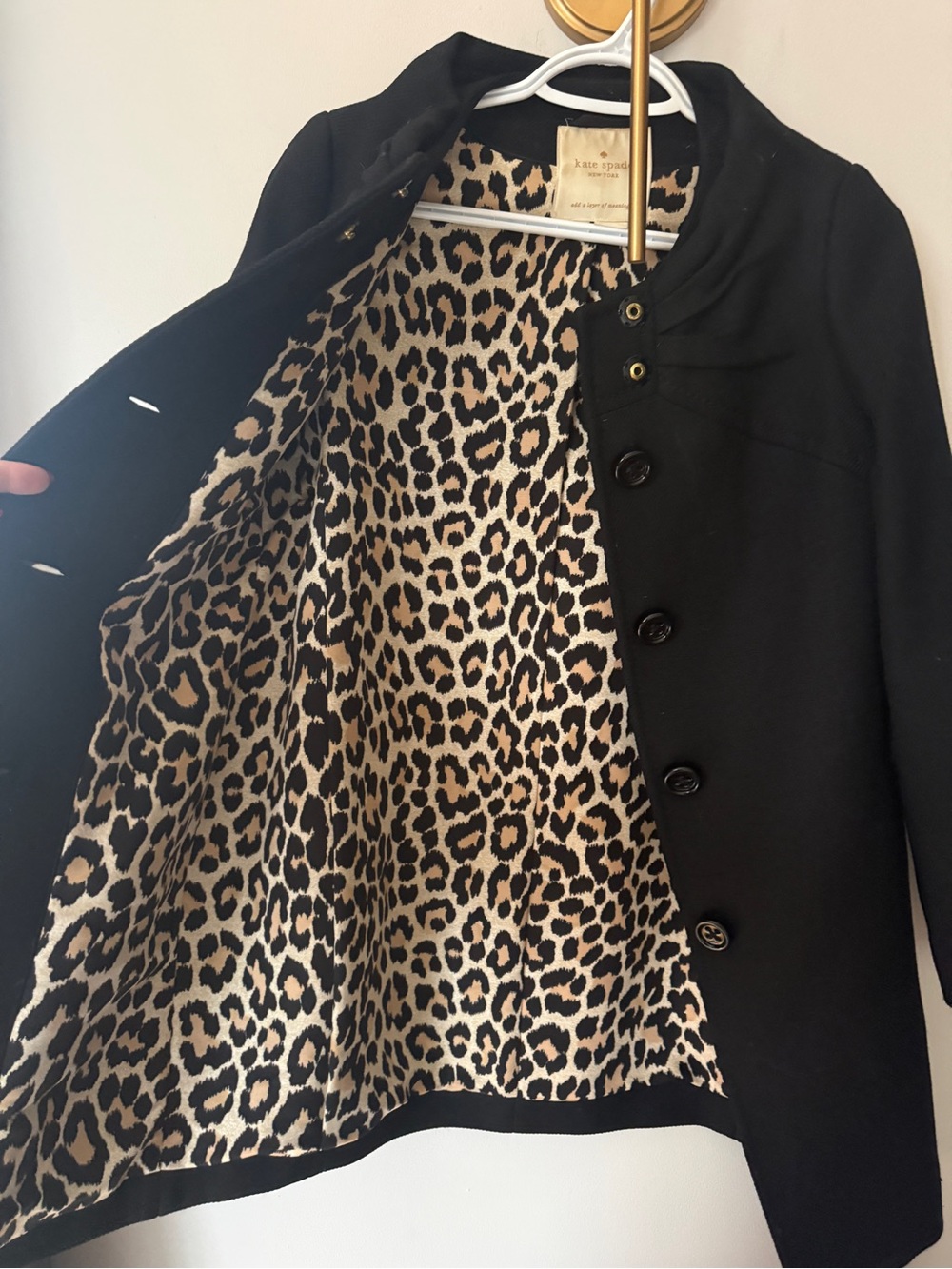 kate spade Black Wool Pea Coat with Leopard-Print Lining - Picture 2 of 4